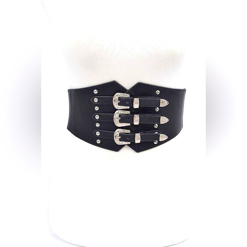 Black Wide Waist Leather Harness Corset Statement Belt - Picture 2 of 5